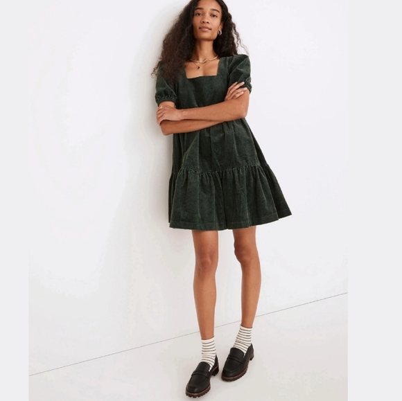 NWT BLACK TAPE Baby Doll Corduroy Drop Waist Emerald Green Dress - Picture 8 of 13